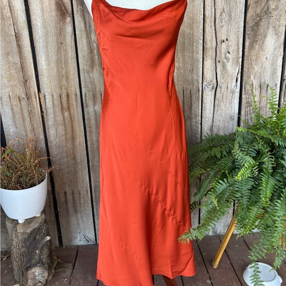 Show Me Your Mumu Silk Look Slip Dress L Orange Satin Cowl Neck Midi StrappyBack - Picture 12 of 13
